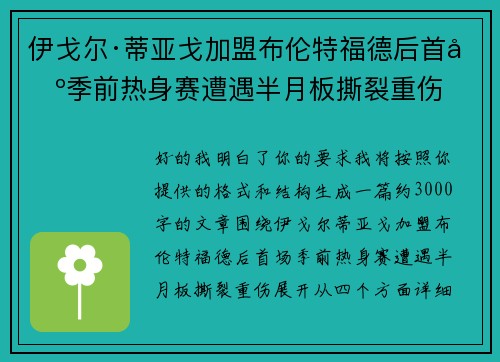 伊戈尔·蒂亚戈加盟布伦特福德后首场季前热身赛遭遇半月板撕裂重伤
