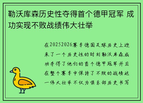 勒沃库森历史性夺得首个德甲冠军 成功实现不败战绩伟大壮举