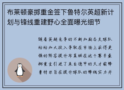 布莱顿豪掷重金签下鲁特尔英超新计划与锋线重建野心全面曝光细节