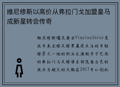 维尼修斯以高价从弗拉门戈加盟皇马成新星转会传奇